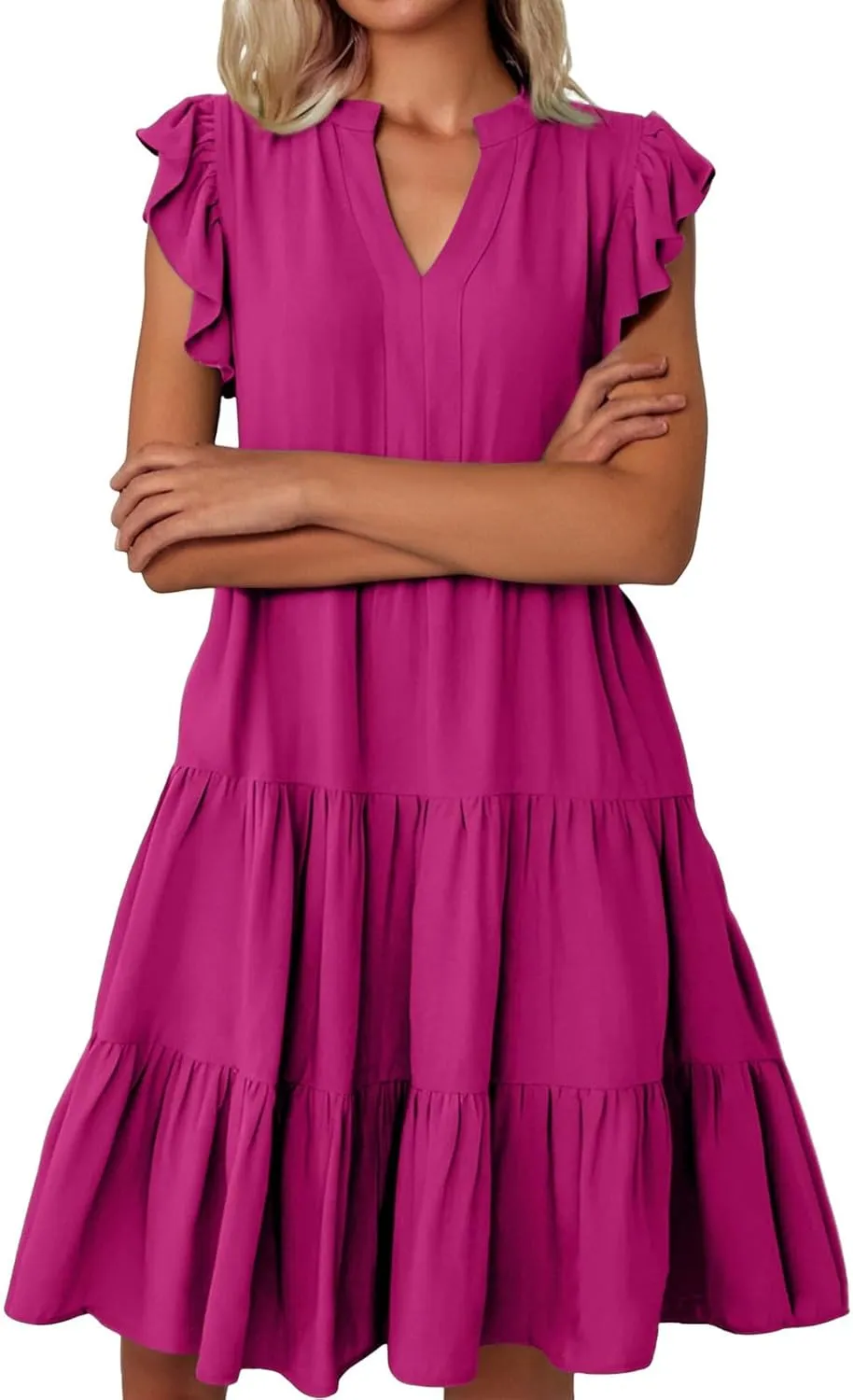 Women's Summer Dresses Ruffle Sleeve V Neck Midi Dresses Casual Flowy Tiered A Line Dress Beach Sundress with Pockets