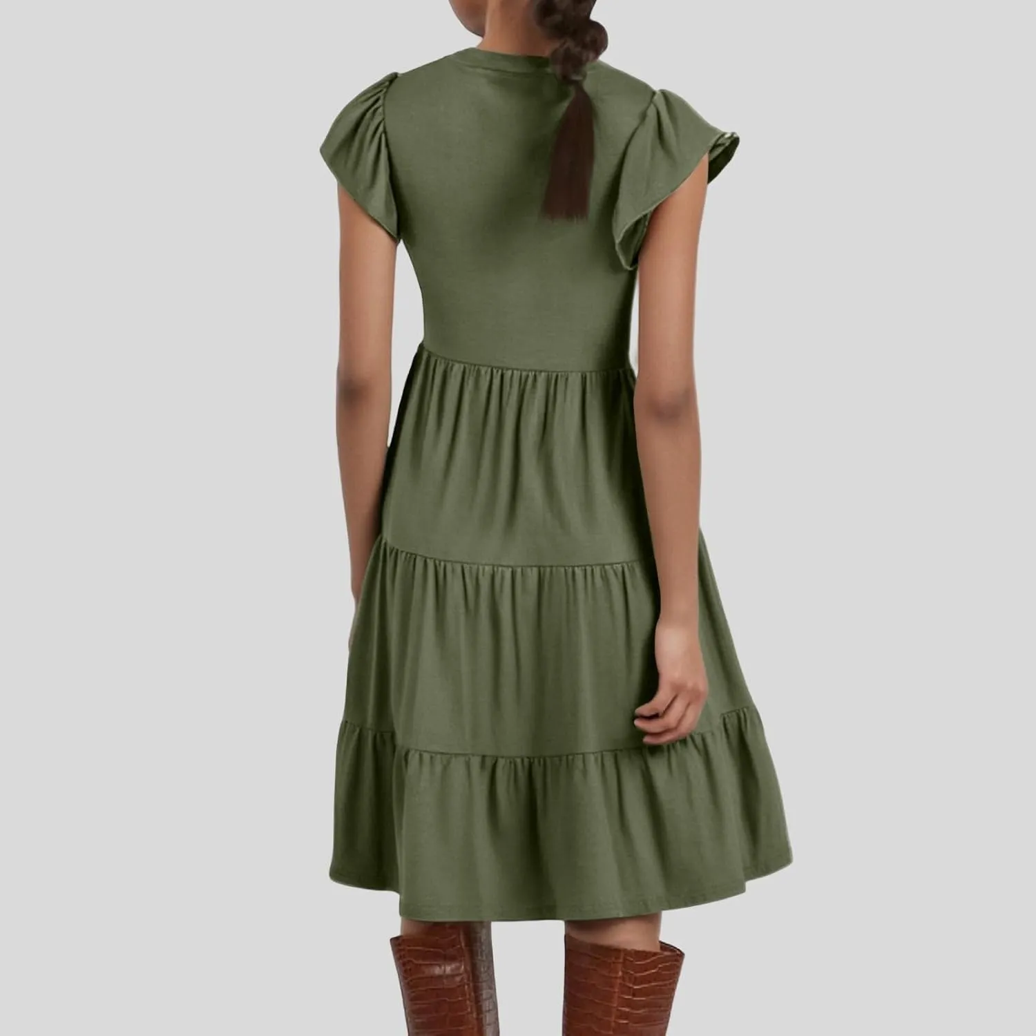 Women's Summer Dresses Ruffle Sleeve V Neck Midi Dresses Casual Flowy Tiered A Line Dress Beach Sundress with Pockets