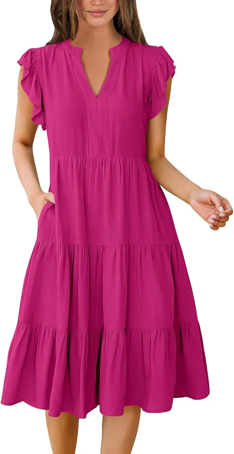 Women's Summer Dresses Ruffle Sleeve V Neck Midi Dresses Casual Flowy Tiered A Line Dress Beach Sundress with Pockets