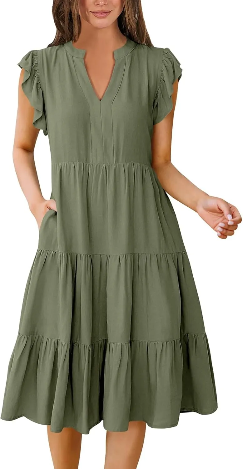 Women's Summer Dresses Ruffle Sleeve V Neck Midi Dresses Casual Flowy Tiered A Line Dress Beach Sundress with Pockets