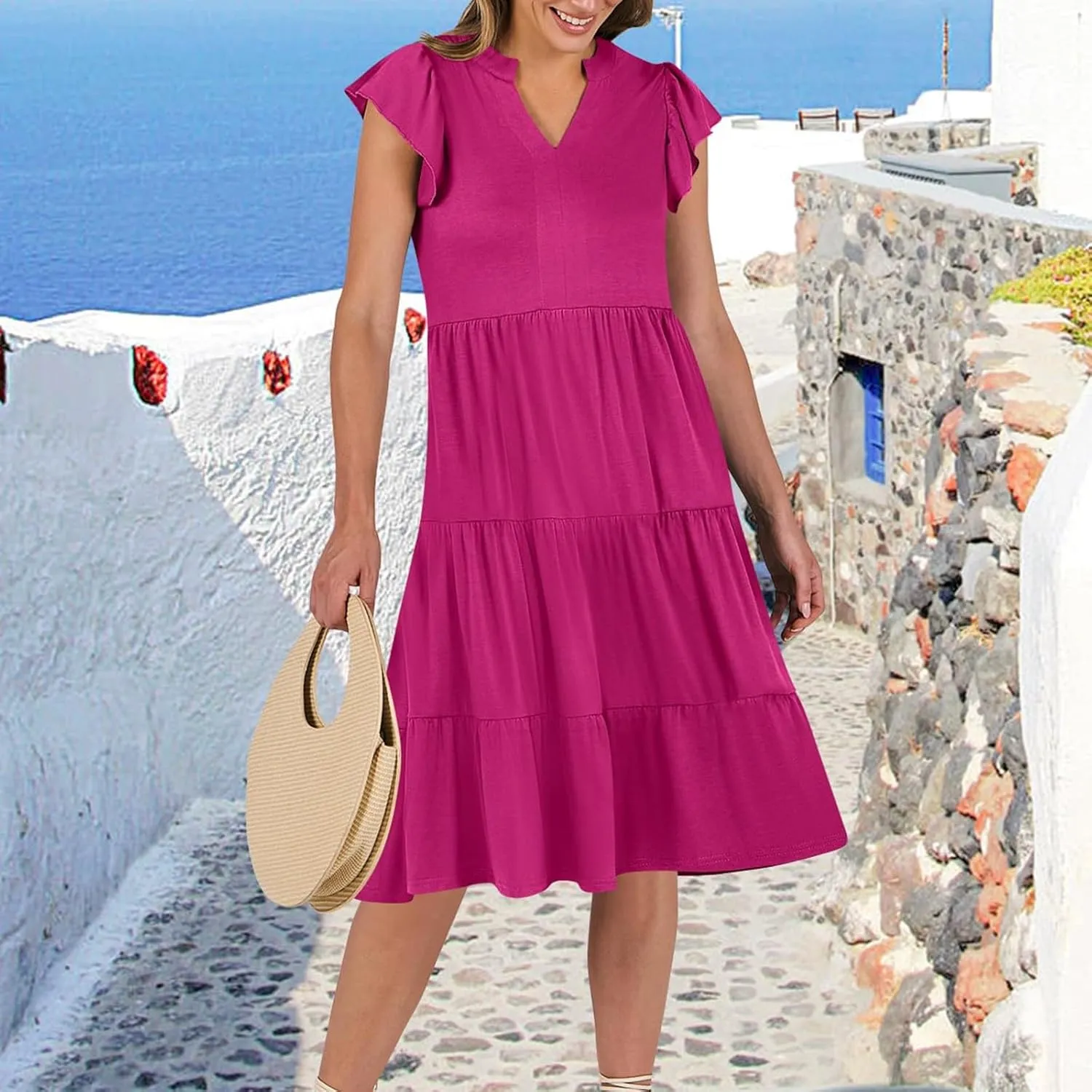 Women's Summer Dresses Ruffle Sleeve V Neck Midi Dresses Casual Flowy Tiered A Line Dress Beach Sundress with Pockets