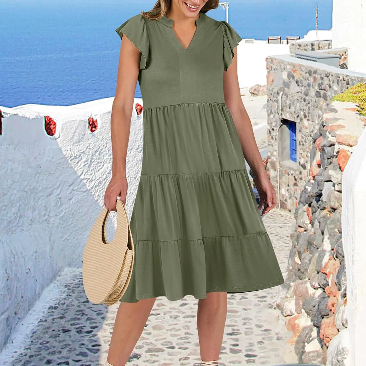 Women's Summer Dresses Ruffle Sleeve V Neck Midi Dresses Casual Flowy Tiered A Line Dress Beach Sundress with Pockets