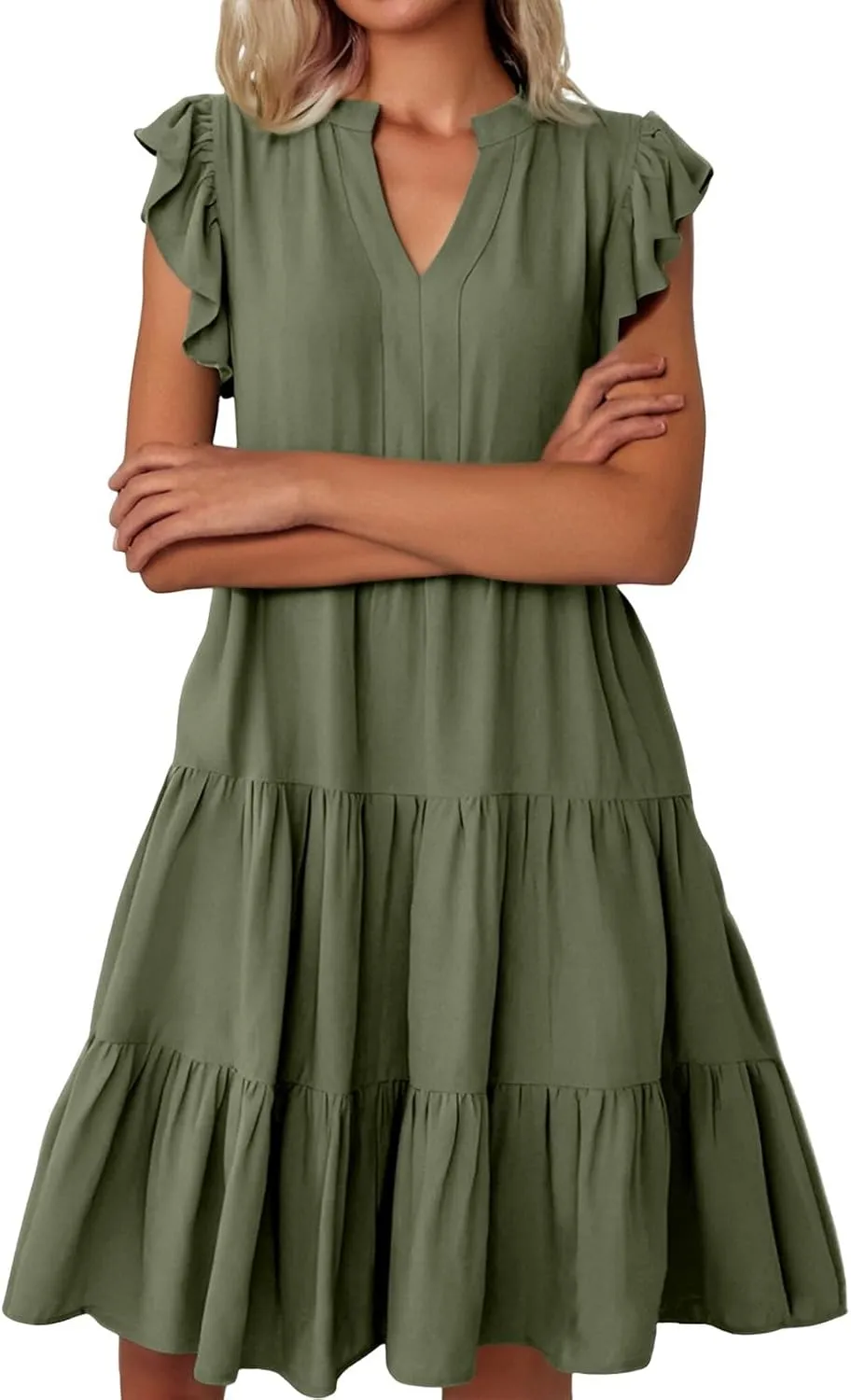 Women's Summer Dresses Ruffle Sleeve V Neck Midi Dresses Casual Flowy Tiered A Line Dress Beach Sundress with Pockets