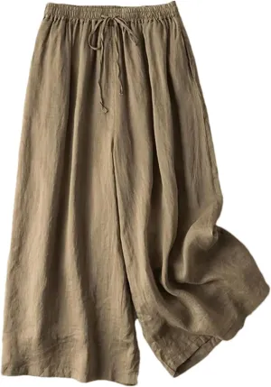 Women's Summer High Waist Cotton Linen Wide-Leg Pants  Thin Calf-Length Casual Straight Trousers with Drawstring