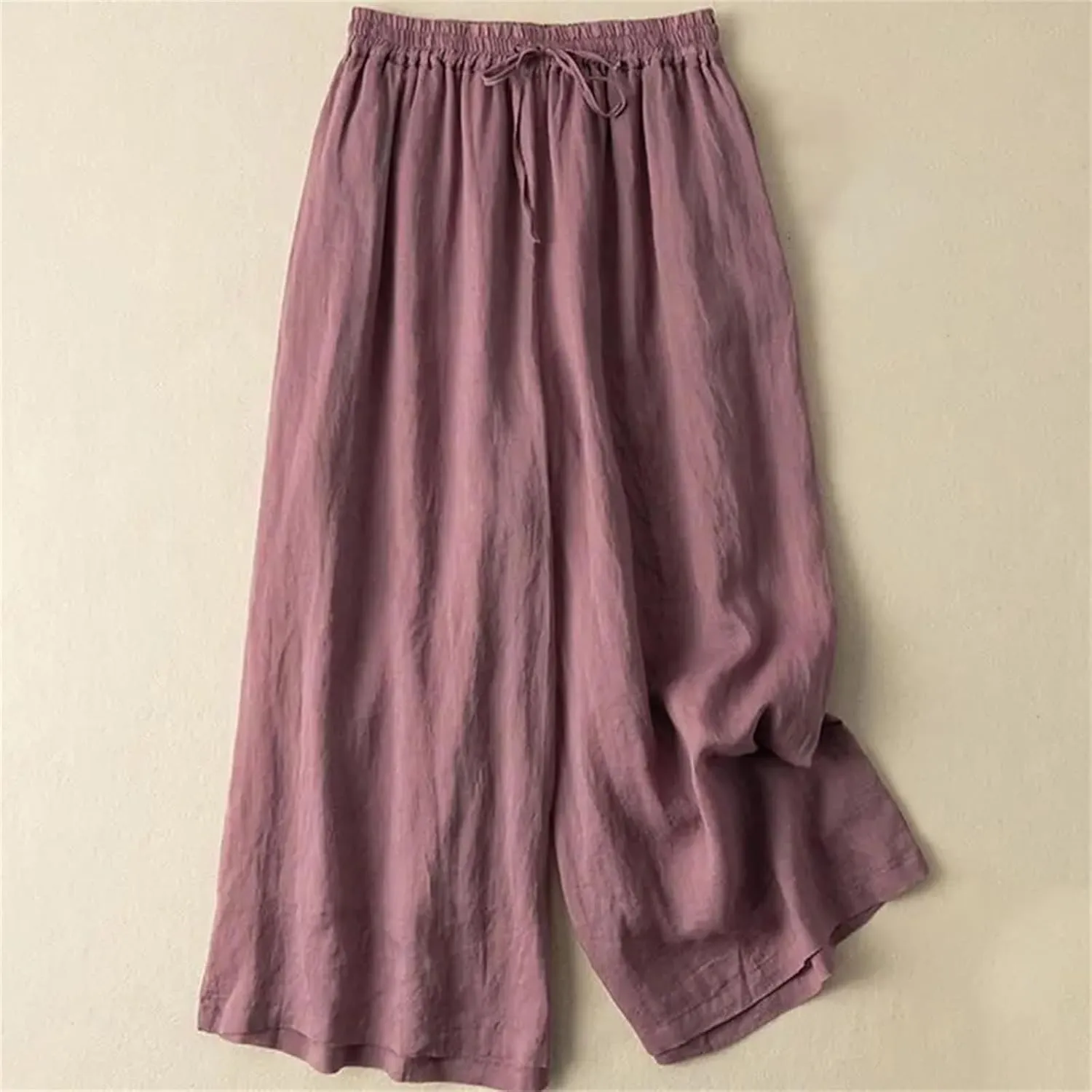 Women's Summer High Waist Cotton Linen Wide-Leg Pants  Thin Calf-Length Casual Straight Trousers with Drawstring