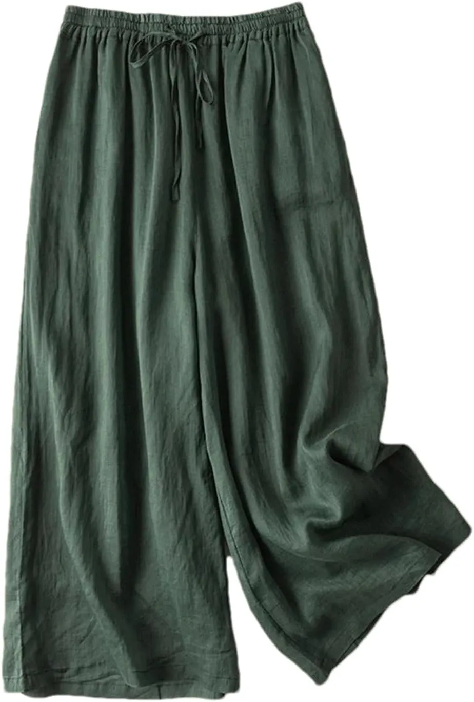 Women's Summer High Waist Cotton Linen Wide-Leg Pants  Thin Calf-Length Casual Straight Trousers with Drawstring