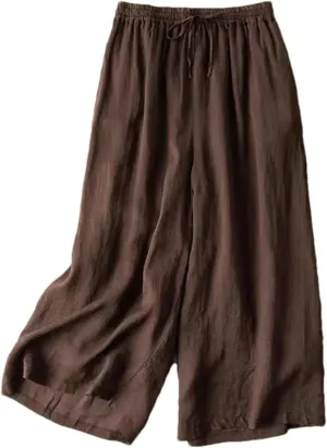 Women's Summer High Waist Cotton Linen Wide-Leg Pants  Thin Calf-Length Casual Straight Trousers with Drawstring