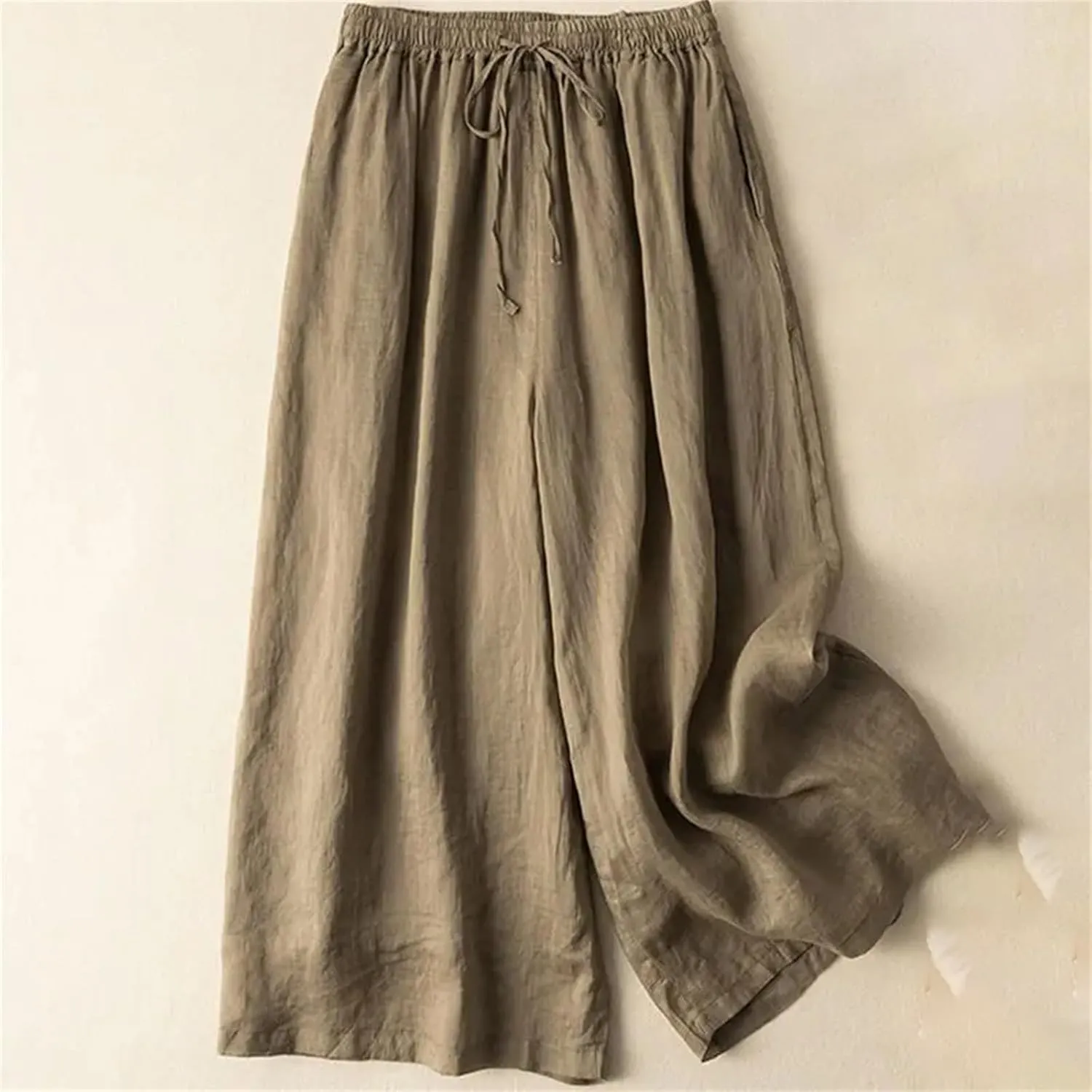 Women's Summer High Waist Cotton Linen Wide-Leg Pants  Thin Calf-Length Casual Straight Trousers with Drawstring