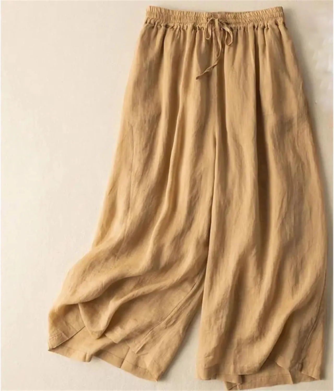 Women's Summer High Waist Cotton Linen Wide-Leg Pants  Thin Calf-Length Casual Straight Trousers with Drawstring