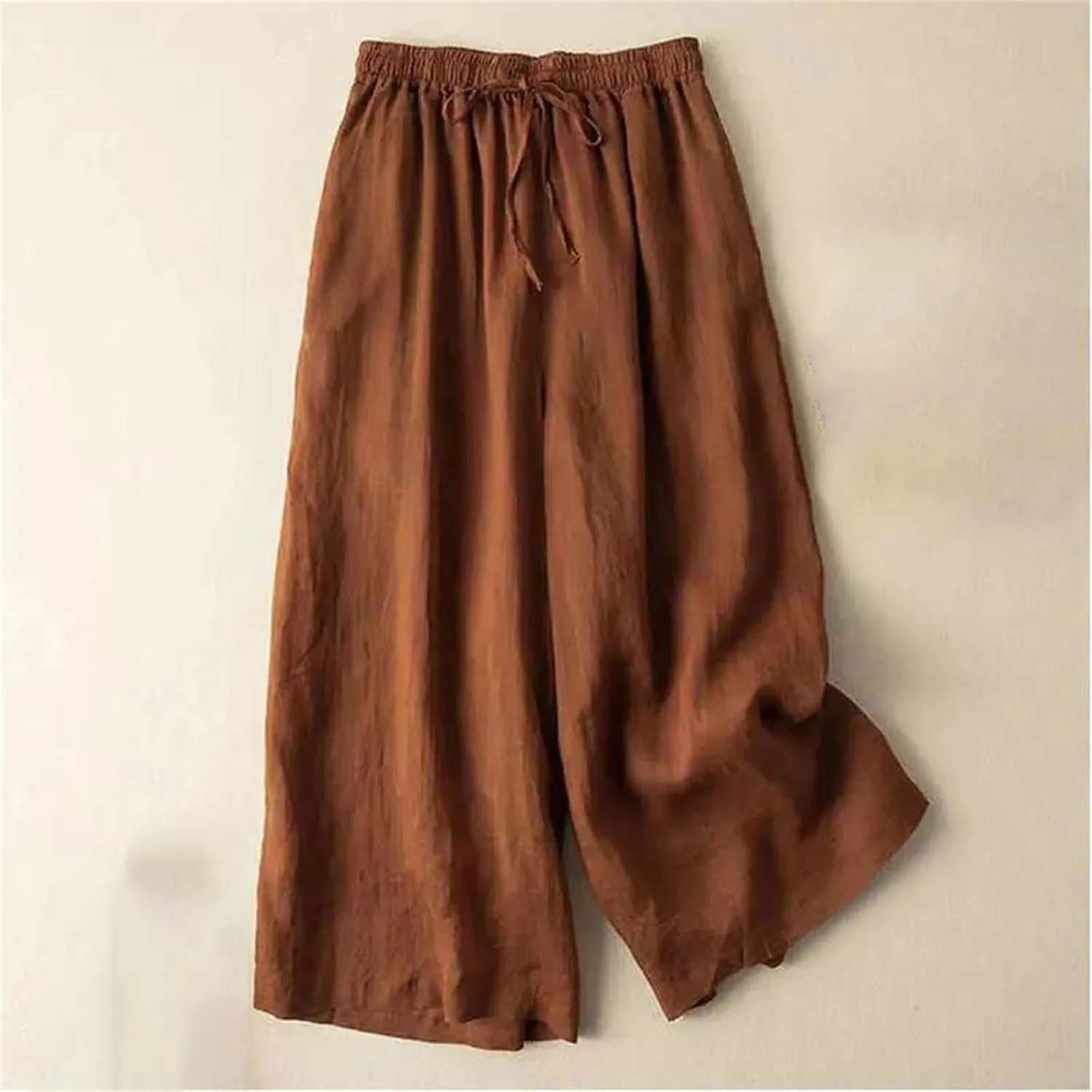 Women's Summer High Waist Cotton Linen Wide-Leg Pants  Thin Calf-Length Casual Straight Trousers with Drawstring