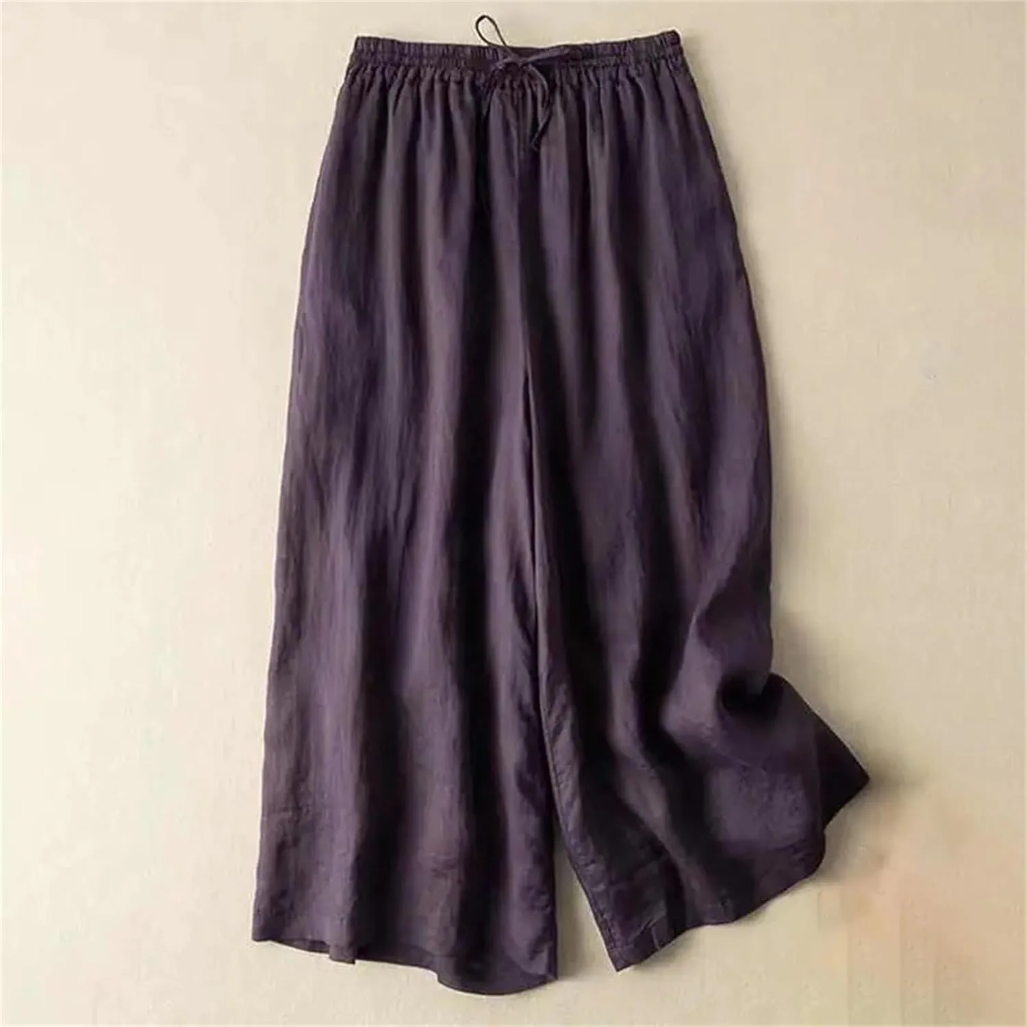 Women's Summer High Waist Cotton Linen Wide-Leg Pants  Thin Calf-Length Casual Straight Trousers with Drawstring