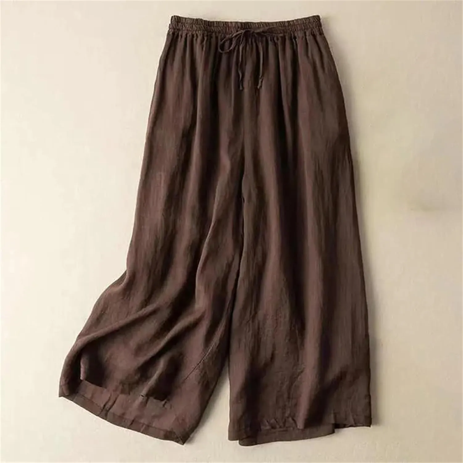 Women's Summer High Waist Cotton Linen Wide-Leg Pants  Thin Calf-Length Casual Straight Trousers with Drawstring