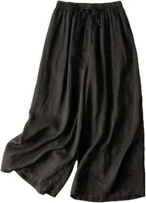 Women's Summer High Waist Cotton Linen Wide-Leg Pants  Thin Calf-Length Casual Straight Trousers with Drawstring