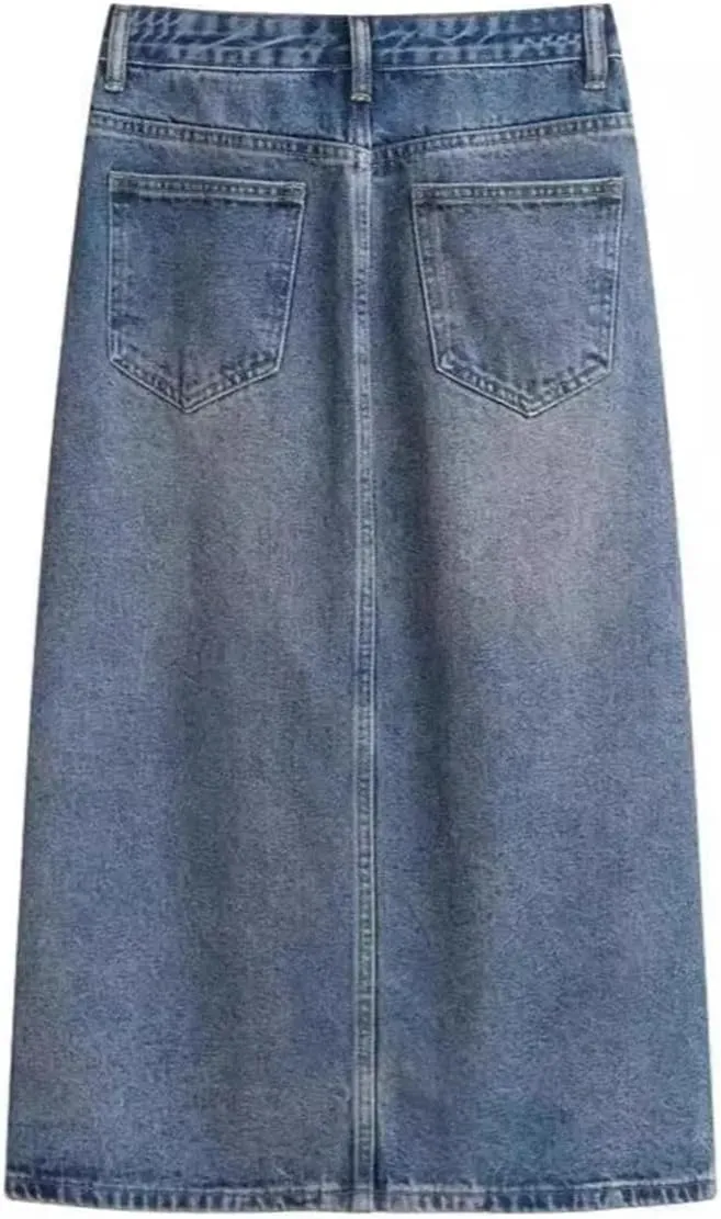 Women's Vintage High-Waisted Straight-Leg Denim Skirt  Summer Thin Side Slit Medium-Length A-Line Dress