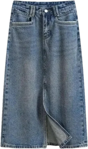Women's Vintage High-Waisted Straight-Leg Denim Skirt  Summer Thin Side Slit Medium-Length A-Line Dress