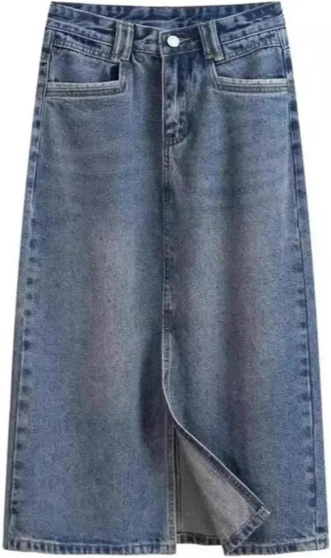 Women's Vintage High-Waisted Straight-Leg Denim Skirt  Summer Thin Side Slit Medium-Length A-Line Dress