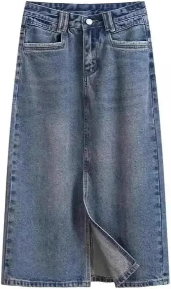 Women's Vintage High-Waisted Straight-Leg Denim Skirt  Summer Thin Side Slit Medium-Length A-Line Dress
