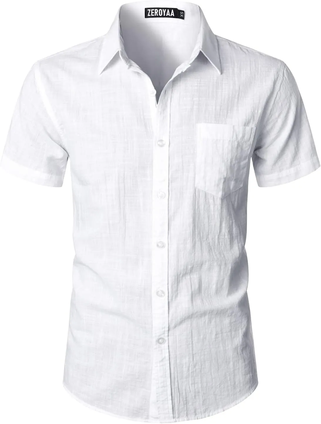 ZEROYAA Men's Fitted Cotton Linen Casual Short Sleeve Button Up Shirts Lightweight Beach Tops with Pocket