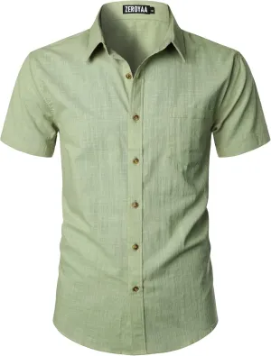 ZEROYAA Men's Fitted Cotton Linen Casual Short Sleeve Button Up Shirts Lightweight Beach Tops with Pocket