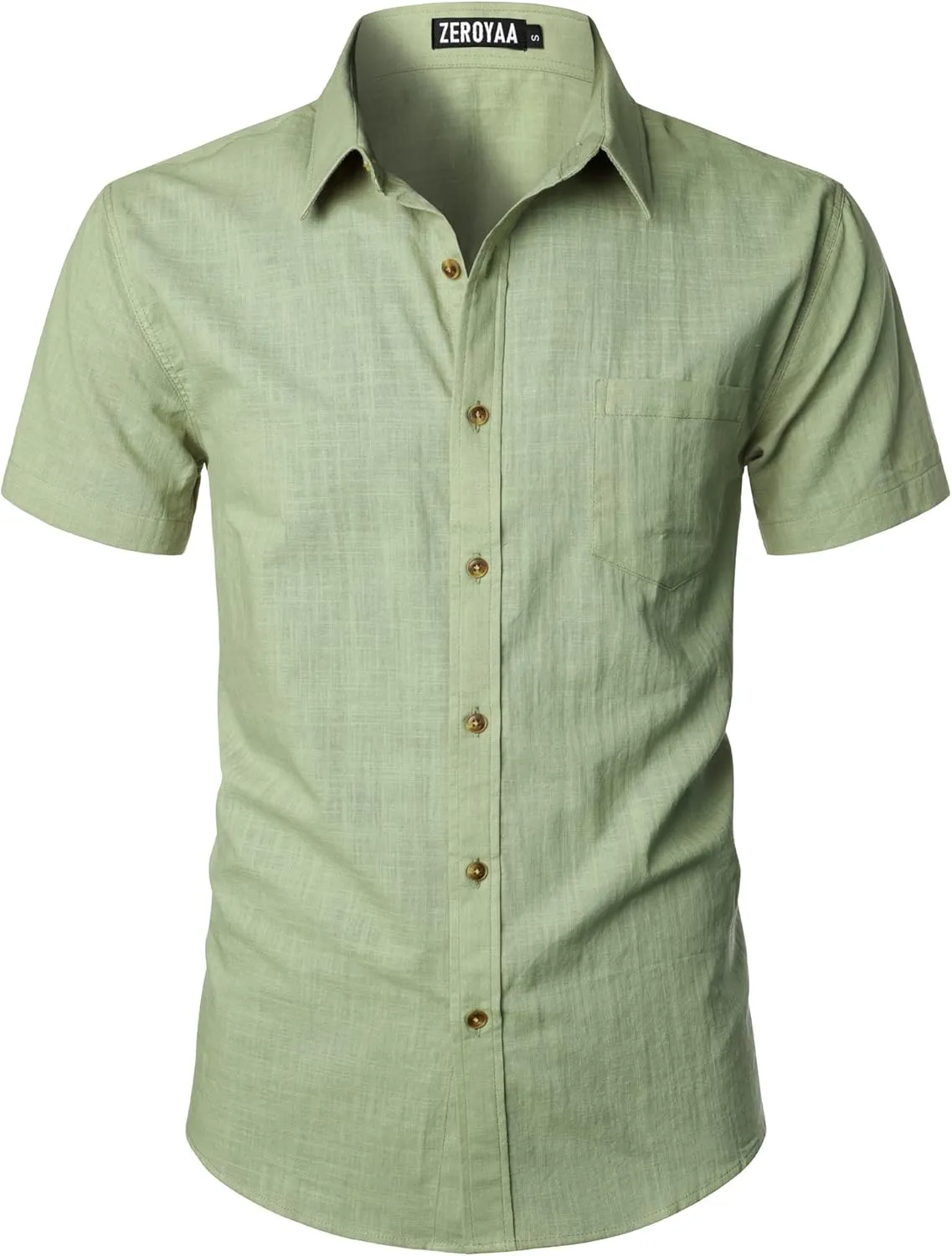 ZEROYAA Men's Fitted Cotton Linen Casual Short Sleeve Button Up Shirts Lightweight Beach Tops with Pocket