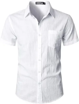 ZEROYAA Men's Fitted Cotton Linen Casual Short Sleeve Button Up Shirts Lightweight Beach Tops with Pocket