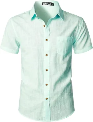 ZEROYAA Men's Fitted Cotton Linen Casual Short Sleeve Button Up Shirts Lightweight Beach Tops with Pocket