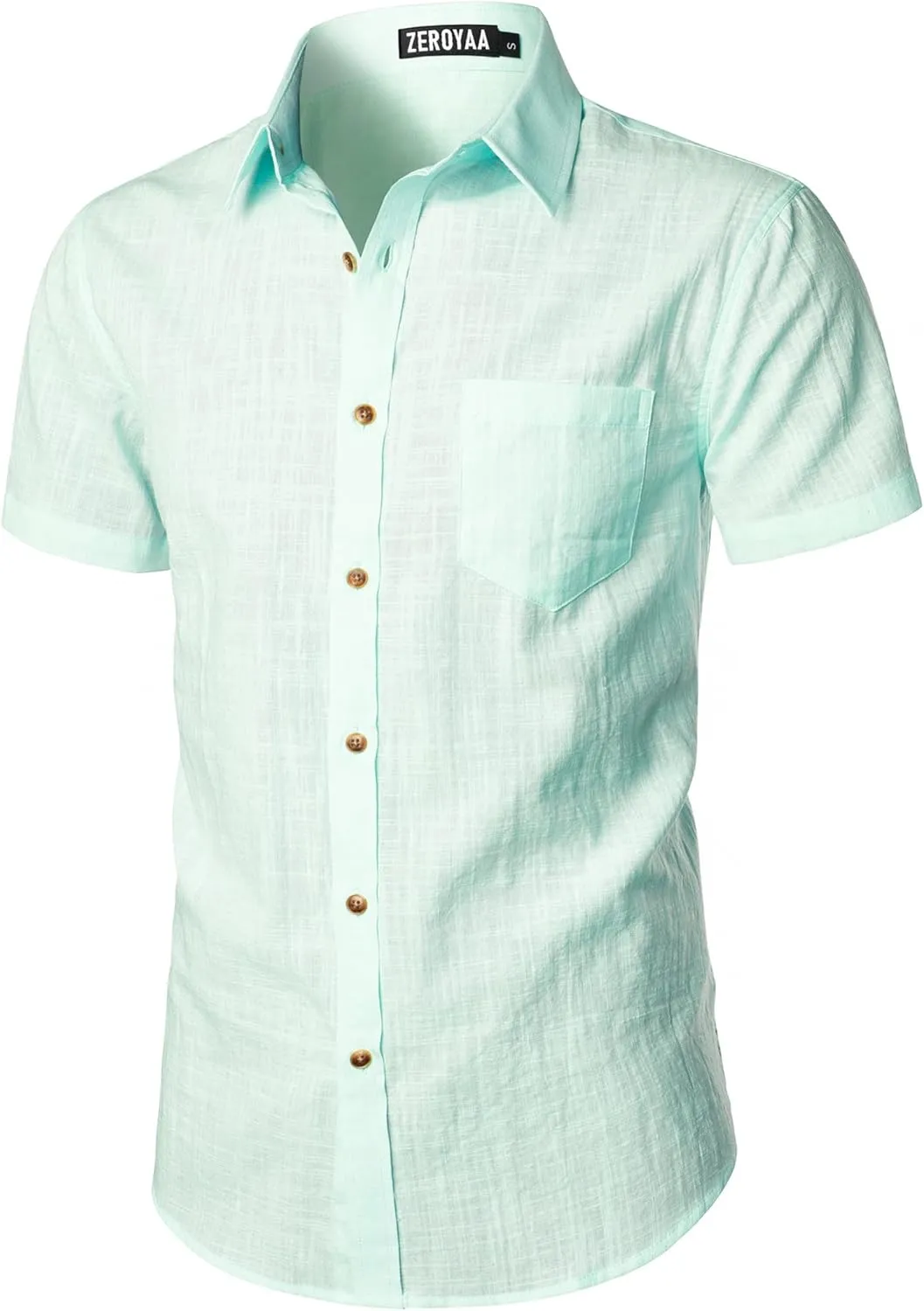 ZEROYAA Men's Fitted Cotton Linen Casual Short Sleeve Button Up Shirts Lightweight Beach Tops with Pocket