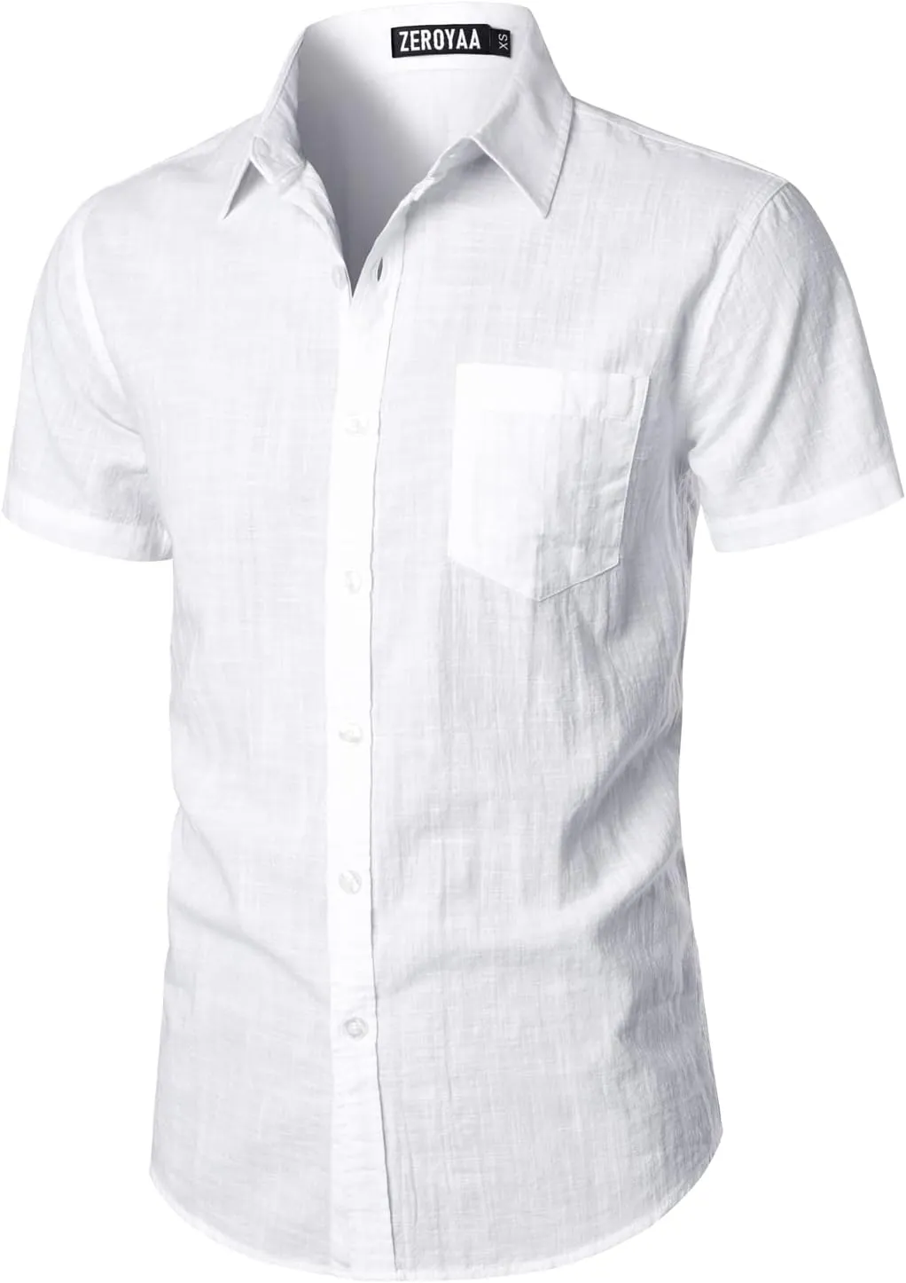 ZEROYAA Men's Fitted Cotton Linen Casual Short Sleeve Button Up Shirts Lightweight Beach Tops with Pocket
