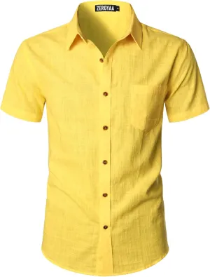 ZEROYAA Men's Fitted Cotton Linen Casual Short Sleeve Button Up Shirts Lightweight Beach Tops with Pocket