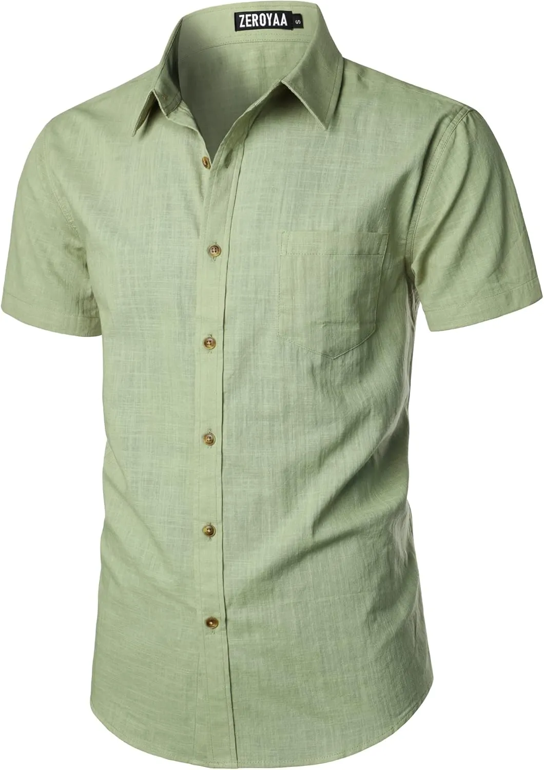 ZEROYAA Men's Fitted Cotton Linen Casual Short Sleeve Button Up Shirts Lightweight Beach Tops with Pocket