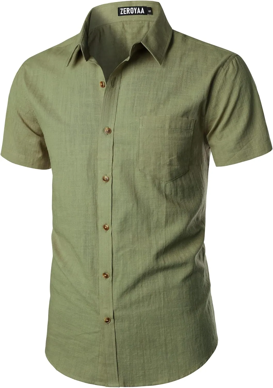 ZEROYAA Men's Fitted Cotton Linen Casual Short Sleeve Button Up Shirts Lightweight Beach Tops with Pocket