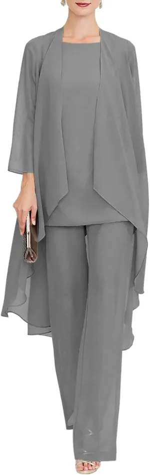 Zongqiven Chiffon Mother of The Bride Pant Suits 3Pcs Wedding Formal Outfit Set Evening Gown for Women