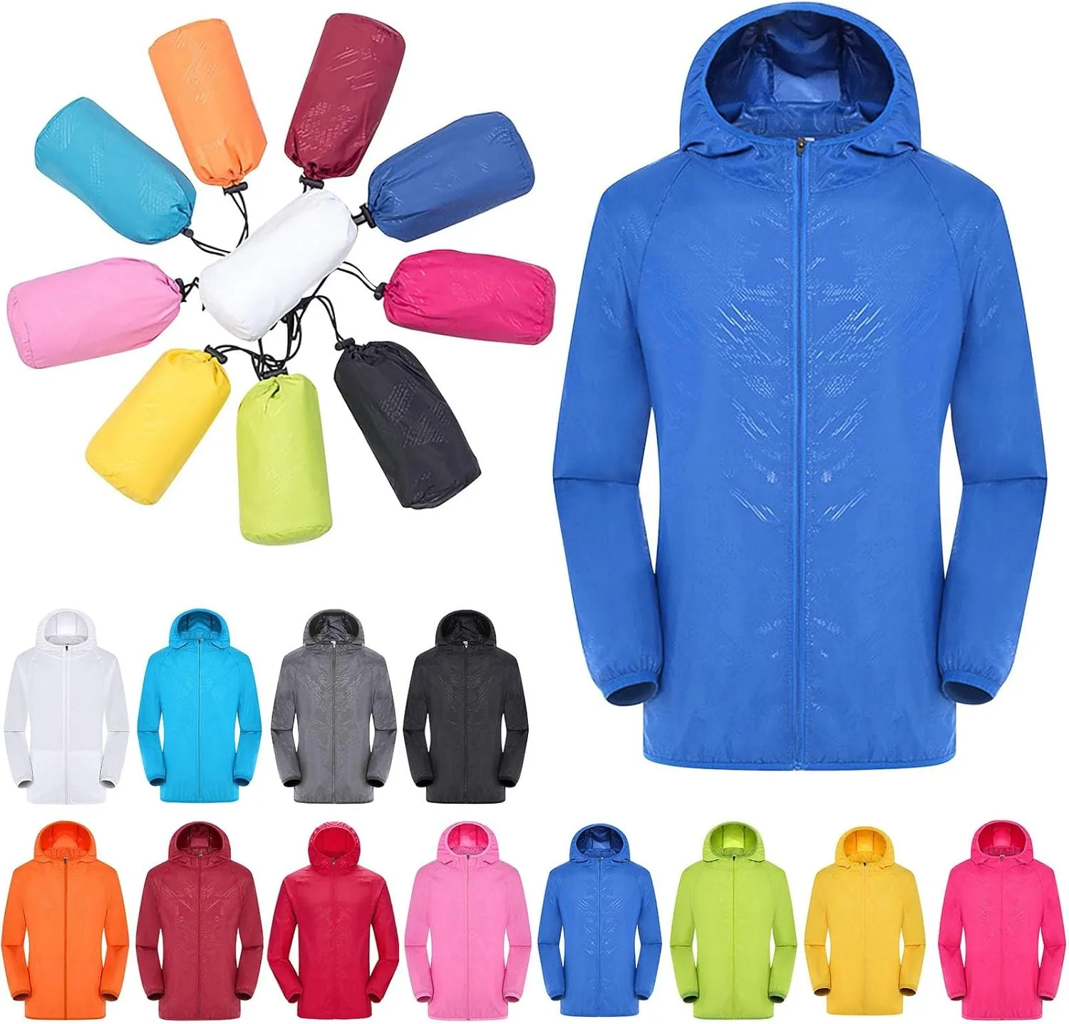 ZYXTIM Waterproof Rain Coat Unisex Sun Protection Lightweight Packable Quick Dry Hiking Windbreaker Oversize Workout Jackets